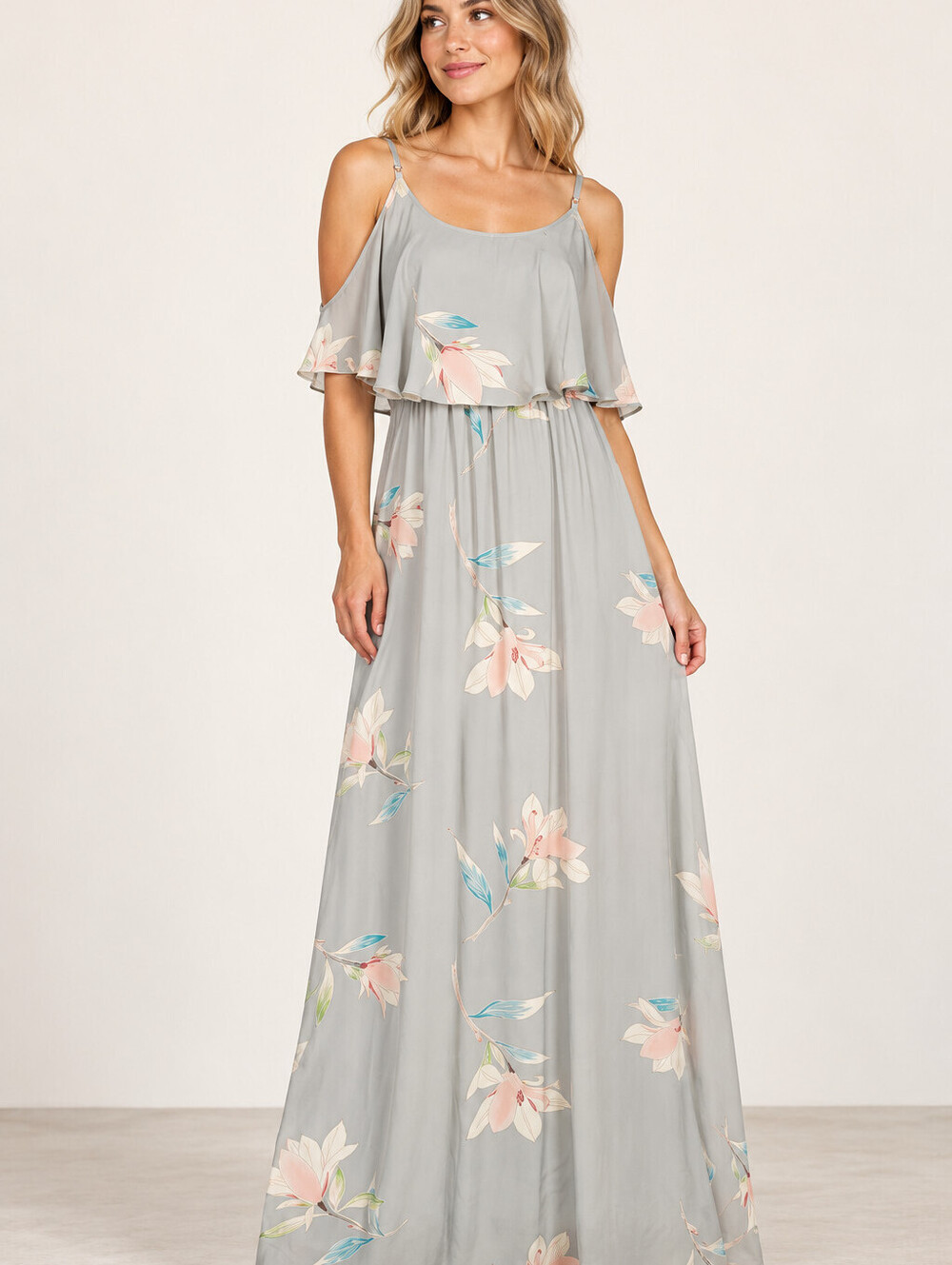 Show Me Your Mumu Caitlin Ruffle NWT Maxi Dress Large Gray Floral Cold Shoulder